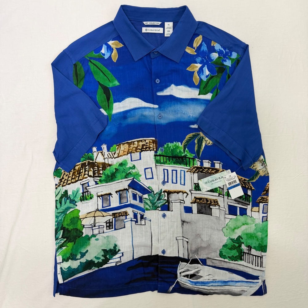 Cubavera Art Collection Shirt Mens XL Scenic Villa Boat Blue Camp Button Up NWT